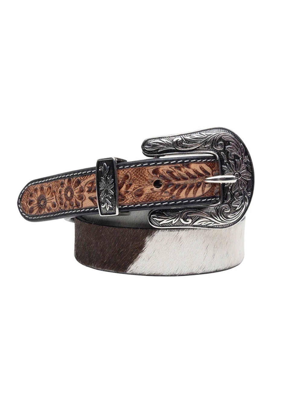 Western Tooled Leather Cowhide Western Belt with Floral Buckle